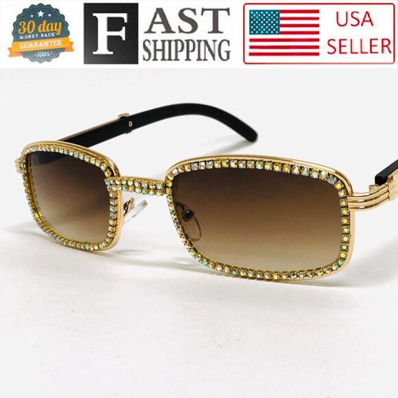 Men Sunglasses Square Brown Lens Fashion Diamond Blinfg Hip Hop Style Lentes New - Picture 4 of 6